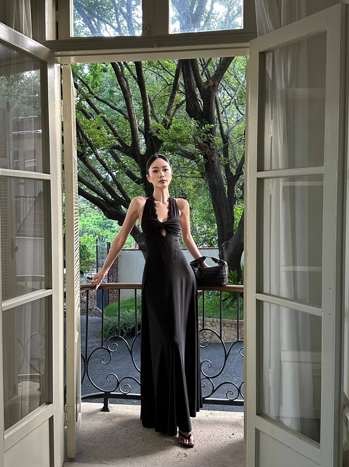 Elegant A-Line Halter Neck Sleeveless Lace Black Maxi Prom Dress for Women Ready to Ship