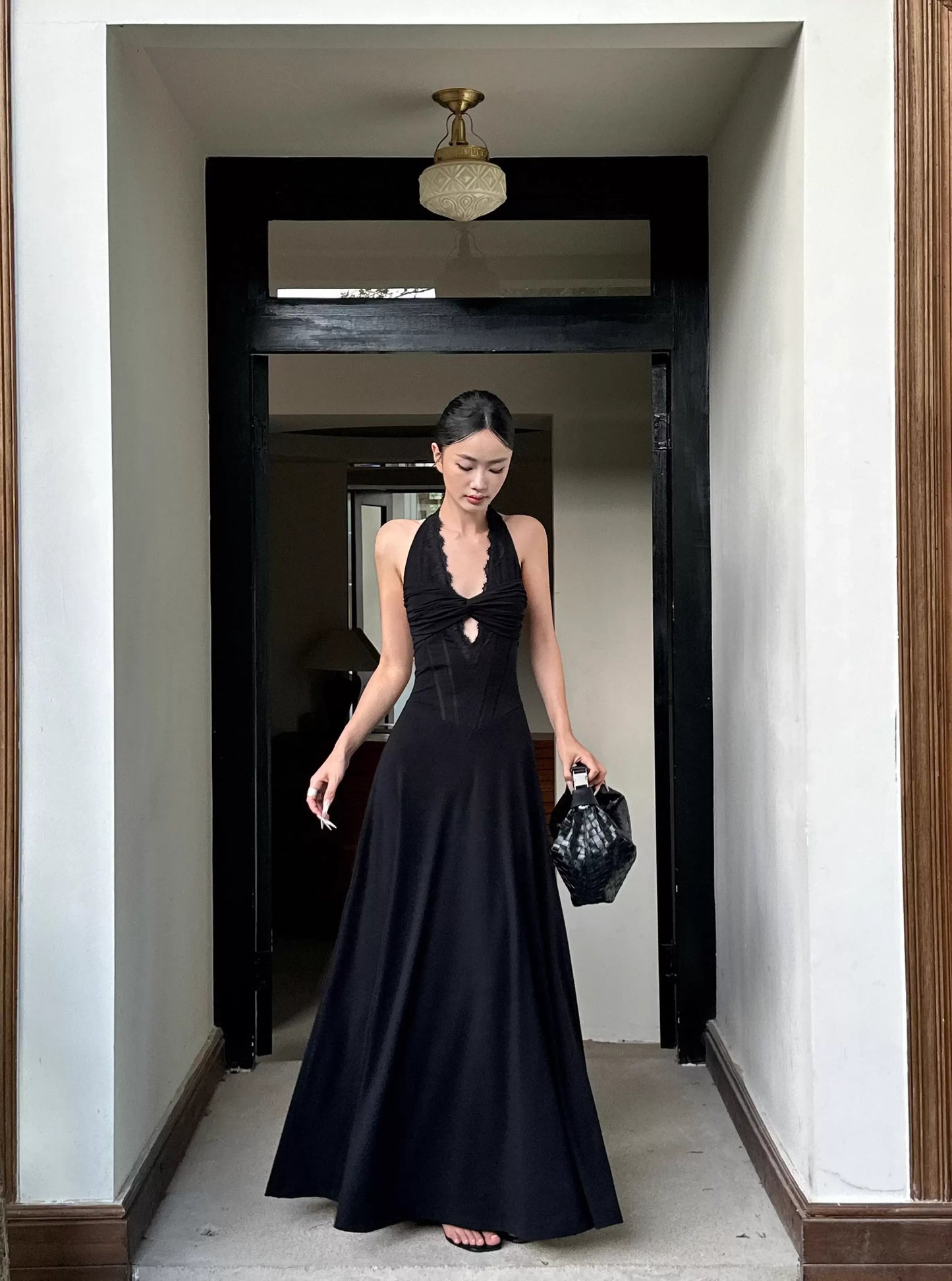 Elegant A-Line Halter Neck Sleeveless Lace Black Maxi Prom Dress for Women Ready to Ship