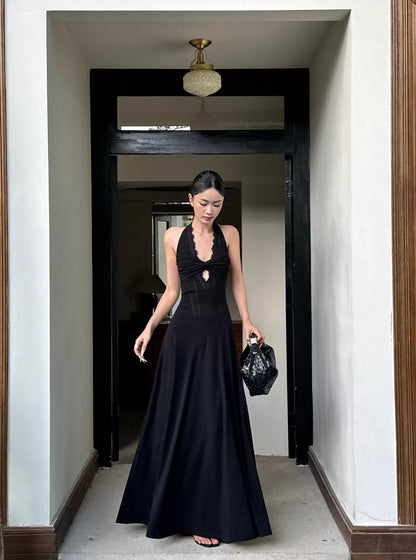 Elegant A-Line Halter Neck Sleeveless Lace Black Maxi Prom Dress for Women Ready to Ship