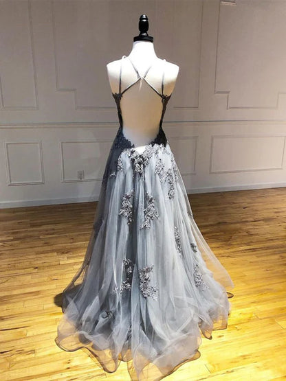 Elegant A-Line Halter Neck Sleeveless Lace Grey Floor-Length Prom Dress