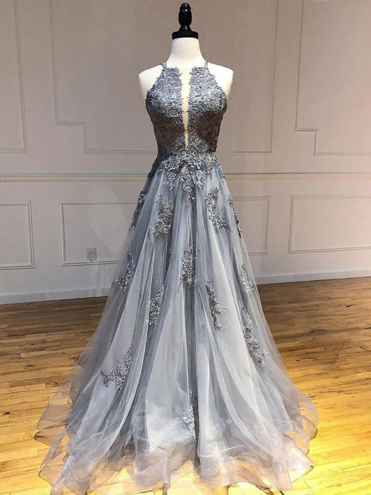 Elegant A-Line Halter Neck Sleeveless Lace Grey Floor-Length Prom Dress