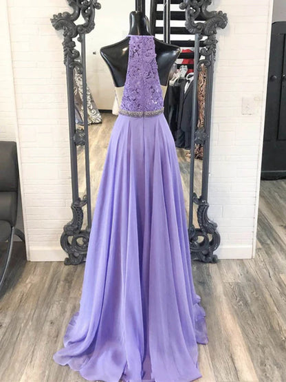 Elegant A-Line Halter Neck Sleeveless Lace Lavender Floor-Length Prom Dress