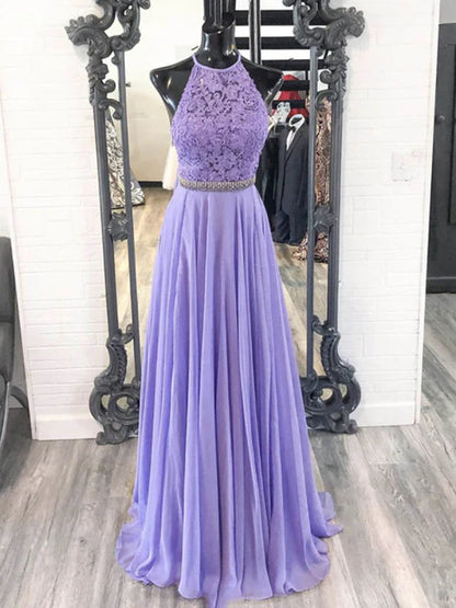Elegant A-Line Halter Neck Sleeveless Lace Lavender Floor-Length Prom Dress