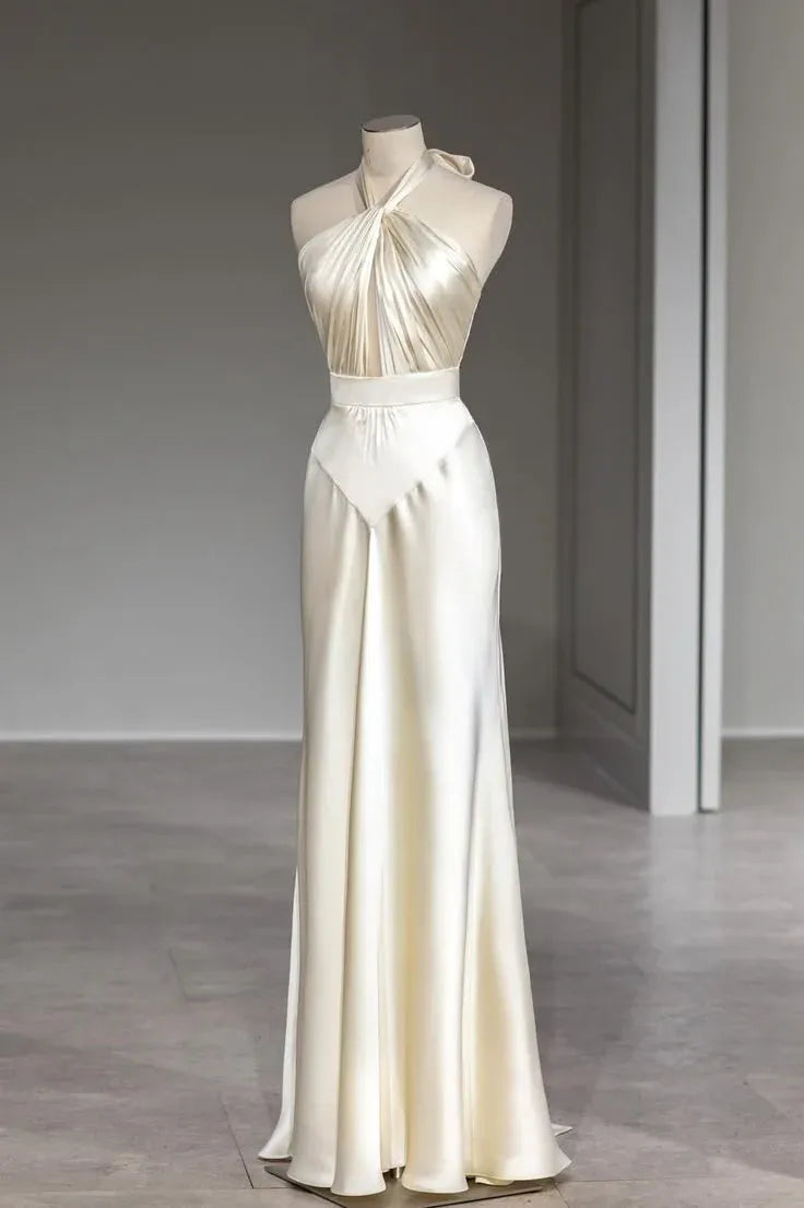 Elegant A-Line Halter Neck Sleeveless Lace Up Satin Floor-Length Prom Dress