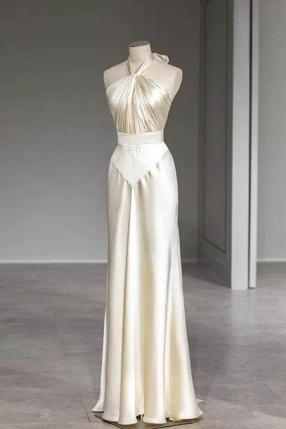 Elegant A-Line Halter Neck Sleeveless Lace Up Satin Floor-Length Prom Dress