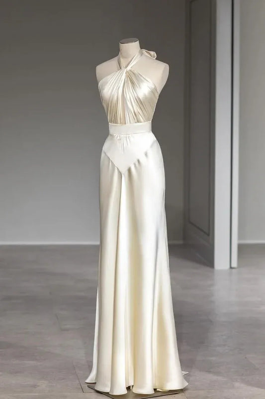 Elegant A-Line Halter Neck Sleeveless Lace Up Satin Floor-Length Prom Dress
