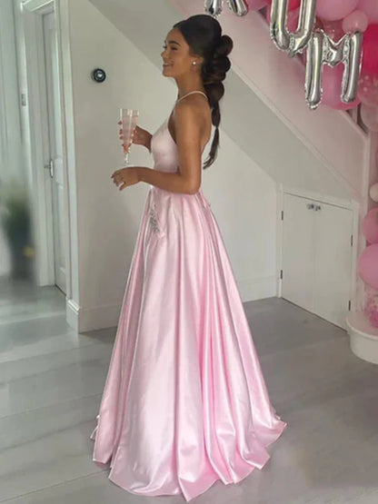 Elegant A-Line Halter Satin Pink Floor-Length Prom Dress