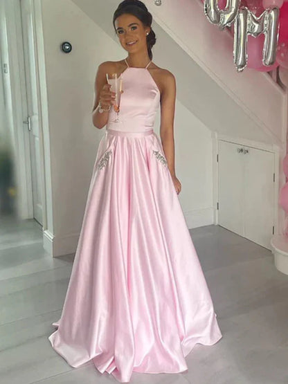 Elegant A-Line Halter Satin Pink Floor-Length Prom Dress