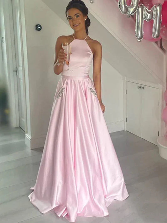 Elegant A-Line Halter Satin Pink Floor-Length Prom Dress