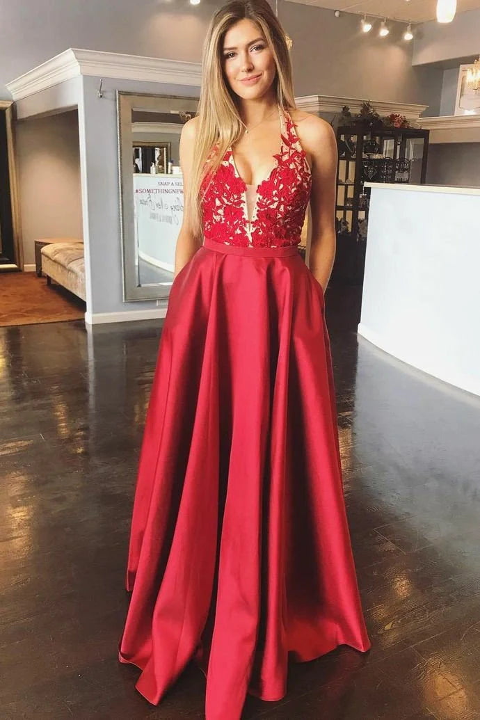 Elegant A-Line Halter Sleeveless Lace Up Floor-Length Prom Dress