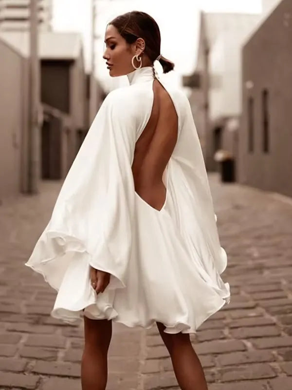 Elegant A-Line High-Neck Flared Sleeves Ruffle Cutout Back White Mini Homecoming Dress