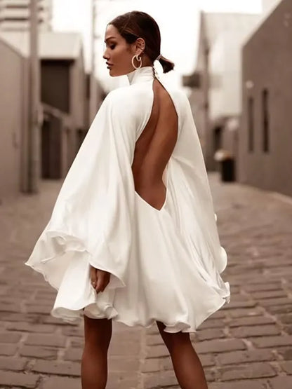 Elegant A-Line High-Neck Flared Sleeves Ruffle Cutout Back White Mini Homecoming Dress