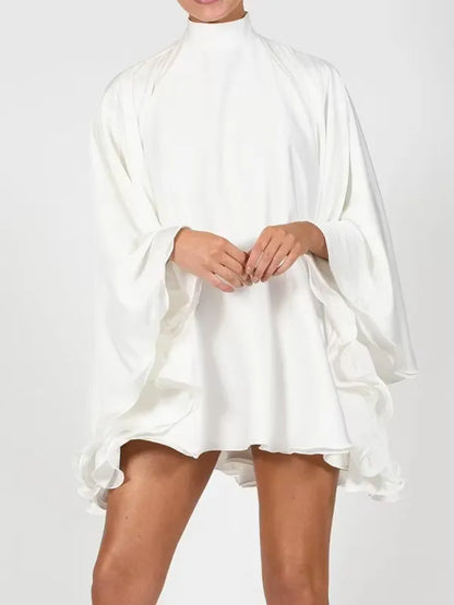 Elegant A-Line High-Neck Flared Sleeves Ruffle Cutout Back White Mini Homecoming Dress