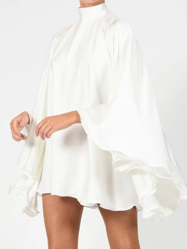 Elegant A-Line High-Neck Flared Sleeves Ruffle Cutout Back White Mini Homecoming Dress
