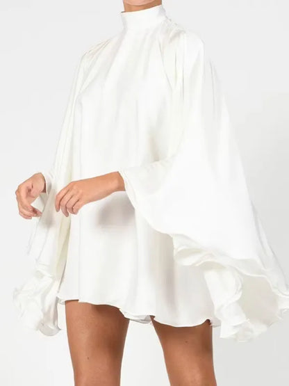 Elegant A-Line High-Neck Flared Sleeves Ruffle Cutout Back White Mini Homecoming Dress