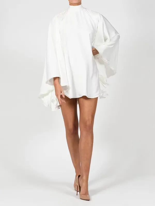 Elegant A-Line High-Neck Flared Sleeves Ruffle Cutout Back White Mini Homecoming Dress
