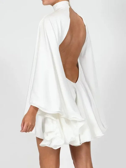 Elegant A-Line High-Neck Flared Sleeves Ruffle Cutout Back White Mini Homecoming Dress