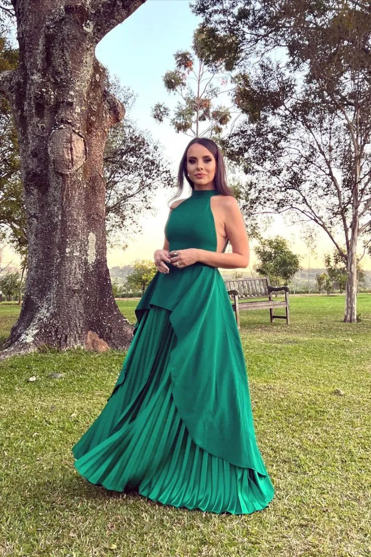 Elegant A-Line High Neck Lace Up Floor-Length Prom Dress
