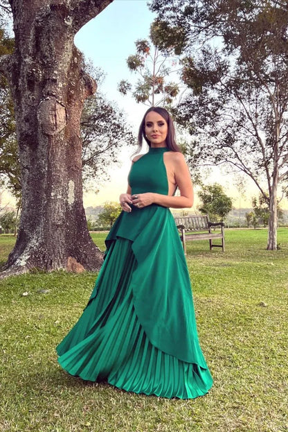 Elegant A-Line High Neck Lace Up Floor-Length Prom Dress