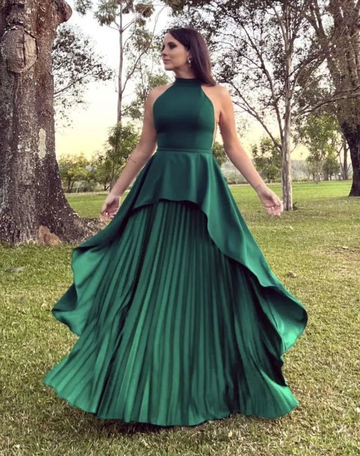 Elegant A-Line High Neck Lace Up Floor-Length Prom Dress