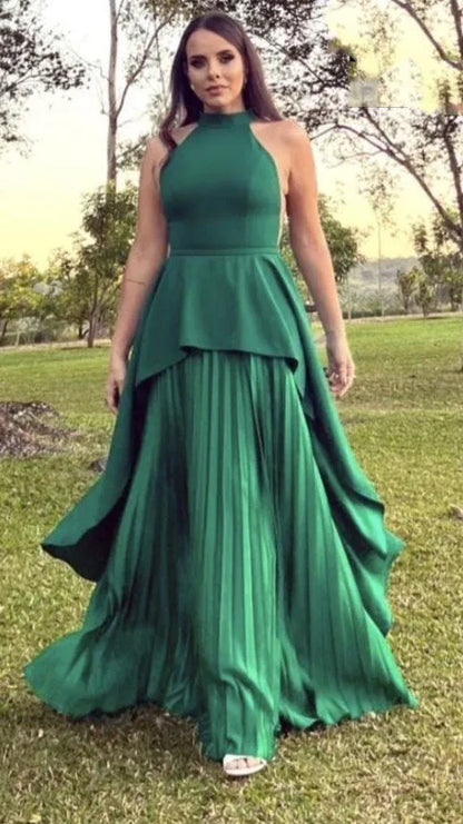 Elegant A-Line High Neck Lace Up Floor-Length Prom Dress