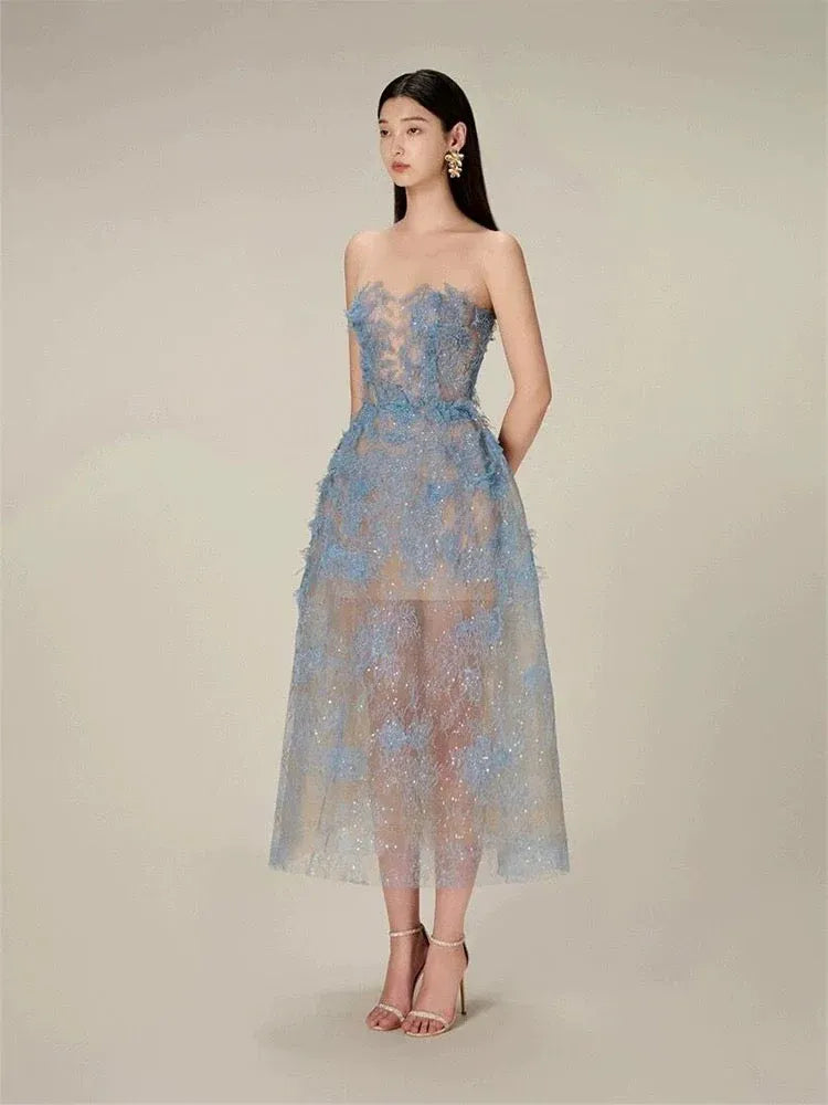 Elegant A-Line High Neck Sheer Lace Light Blue Midi Evening Dresses