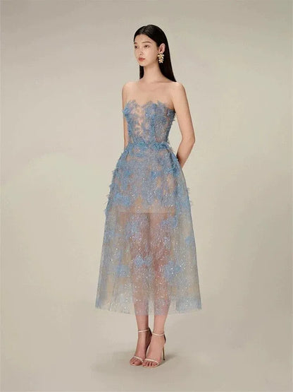 Elegant A-Line High Neck Sheer Lace Light Blue Midi Evening Dresses