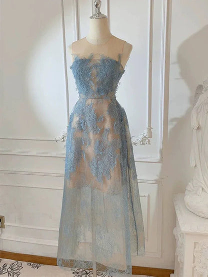 Elegant A-Line High Neck Sheer Lace Light Blue Midi Evening Dresses