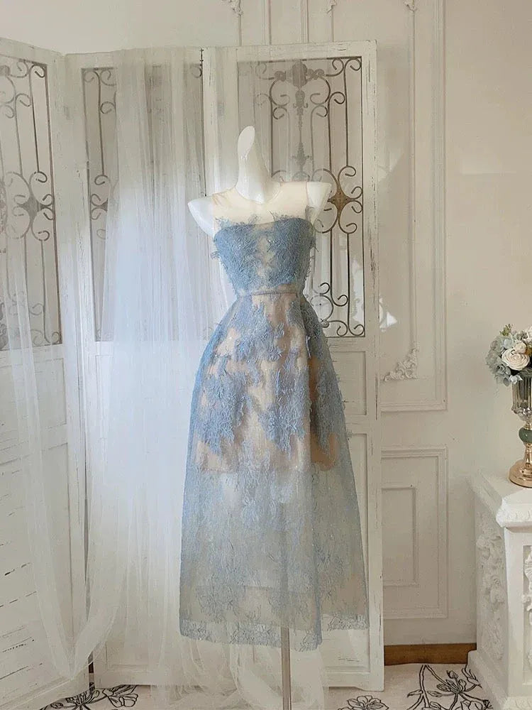 Elegant A-Line High Neck Sheer Lace Light Blue Midi Evening Dresses