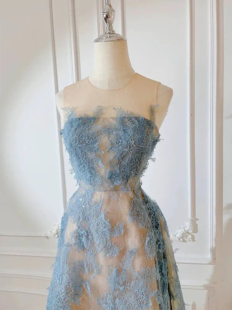Elegant A-Line High Neck Sheer Lace Light Blue Midi Evening Dresses