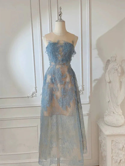 Elegant A-Line High Neck Sheer Lace Light Blue Midi Evening Dresses