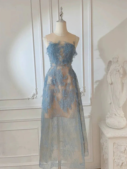 Elegant A-Line High Neck Sheer Lace Light Blue Midi Evening Dresses