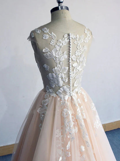 Elegant A-Line Illusion Neck Cap Sleeve Lace Champagne Prom Dress