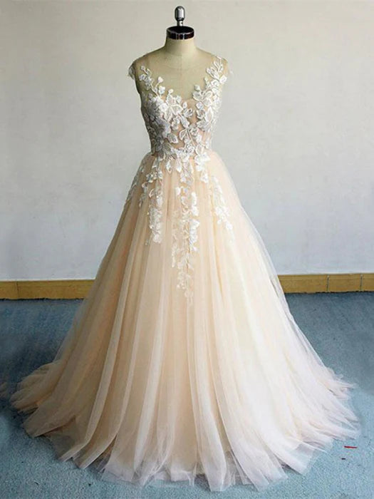 Elegant A-Line Illusion Neck Cap Sleeve Lace Champagne Prom Dress