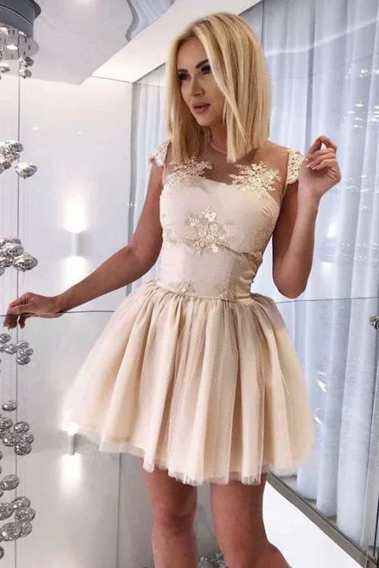 Elegant A-Line Illusion Neck Cap Sleeve Lace Champagne Short Homecoming Dress