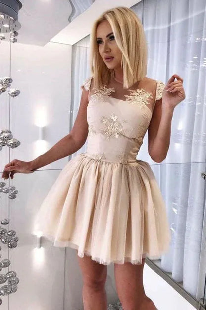 Elegant A-Line Illusion Neck Cap Sleeve Lace Champagne Short Homecoming Dress