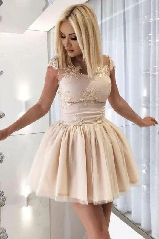 Elegant A-Line Illusion Neck Cap Sleeve Lace Champagne Short Homecoming Dress