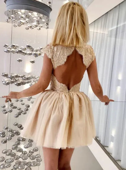 Elegant A-Line Illusion Neck Cap Sleeve Lace Champagne Short Homecoming Dress