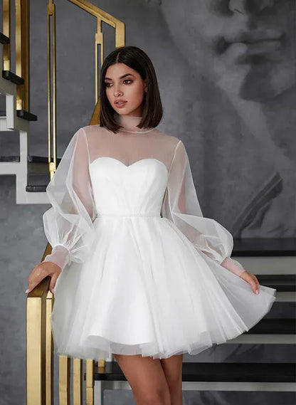 Elegant A-Line Illusion Neck Long Sleeves Bow Tulle White Mini Homecoming Dress