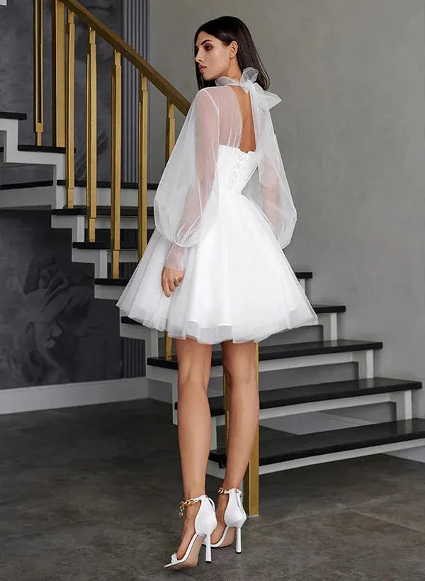 Elegant A-Line Illusion Neck Long Sleeves Bow Tulle White Mini Homecoming Dress