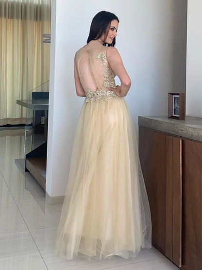 Elegant A-Line Illusion Neck Sleeveless Lace Champagne Prom Dress