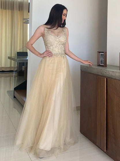Elegant A-Line Illusion Neck Sleeveless Lace Champagne Prom Dress