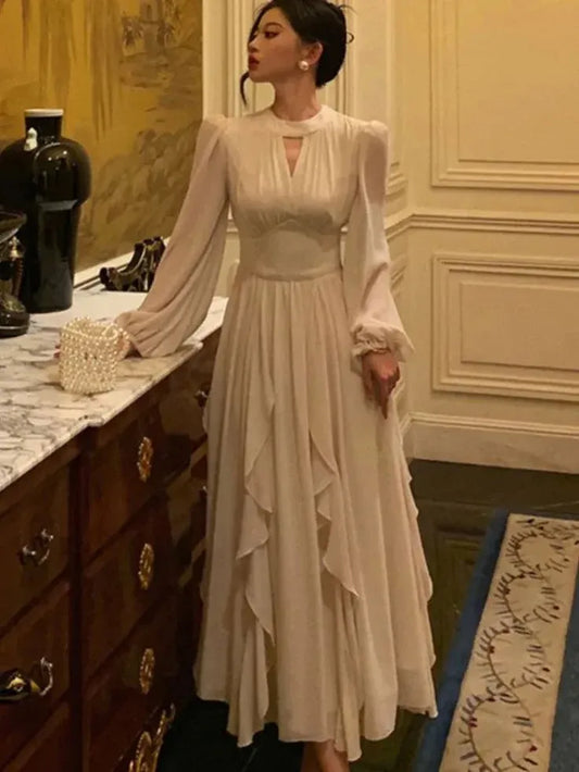 Elegant A-Line Keyhole-Neck Long Puff-Sleeve Chiffon Ivory Midi Evening Dress for Women