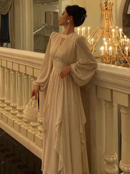 Elegant A-Line Keyhole-Neck Long Puff-Sleeve Chiffon Ivory Midi Evening Dress for Women