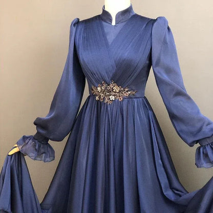 Elegant A-Line Mandarin-Collar Embellished Chiffon Navy Blue Maxi Evening Dress for Women
