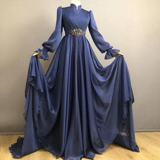 Elegant A-Line Mandarin-Collar Embellished Chiffon Navy Blue Maxi Evening Dress for Women