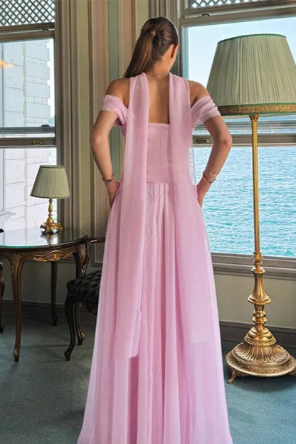 Elegant A-Line Off-Shoulder Satin Blush Floor-Length Prom Dress with Scarf Detail for Women