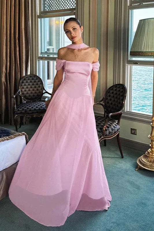 Elegant A-Line Off-Shoulder Satin Blush Floor-Length Prom Dress With Scarf