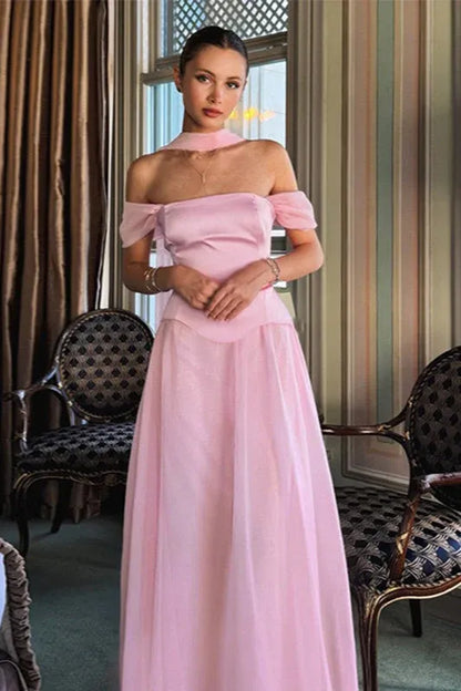 Elegant A-Line Off-Shoulder Satin Blush Floor-Length Prom Dress with Scarf Detail for Women