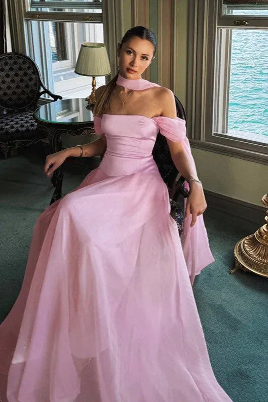 Elegant A-Line Off-Shoulder Satin Blush Floor-Length Prom Dress with Scarf Detail for Women